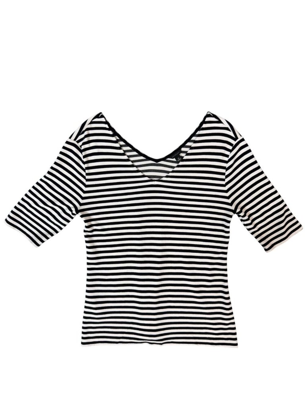 Ann Taylor Black White Striped V-Neck Stretch Knit Top Medium